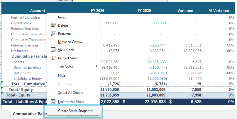Static Snapshot Within Workbook