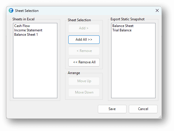 Select Sheets Dialog for static copy