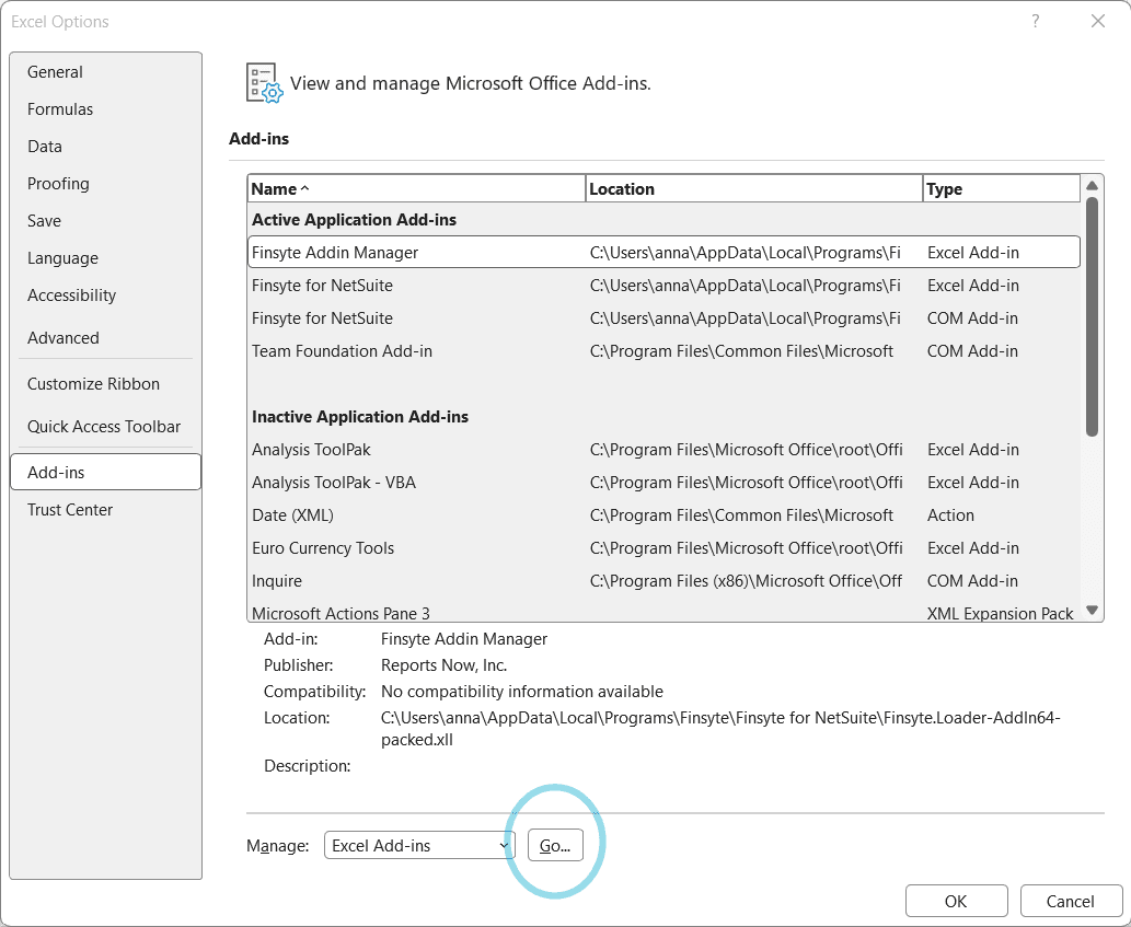 Select To Manage Addins